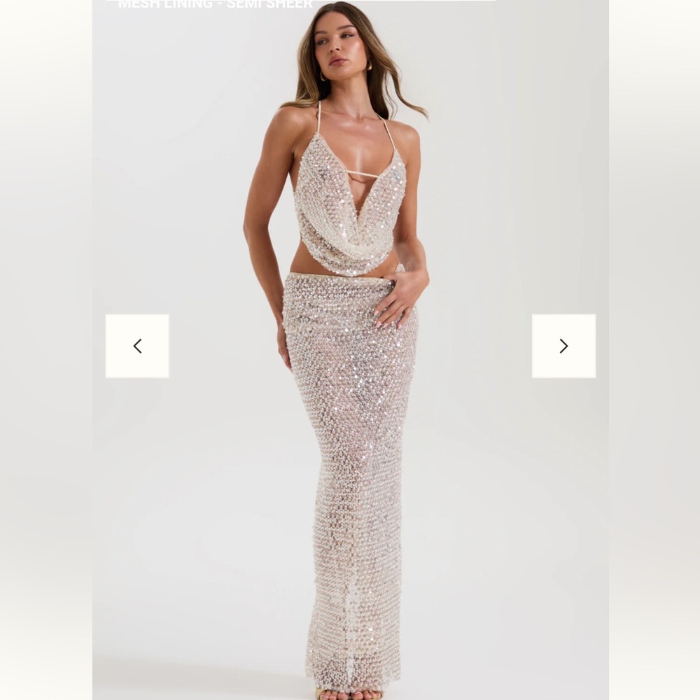 Saks Fifth Avenue Sequin Halter Maxi Dress in Champagne
